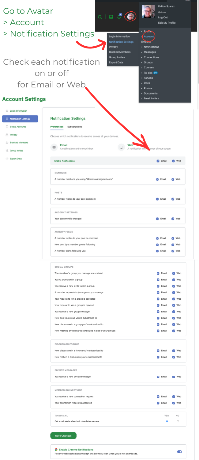 Screenshot of how to set email and web notifications.