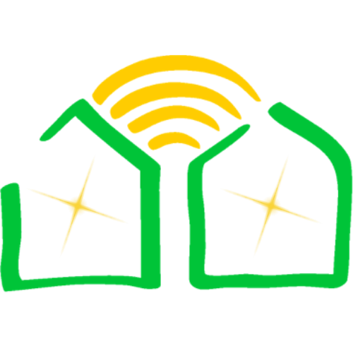 Logo of two connected green houses with a yellow wireless signal above them and star-like highlights inside each home.
