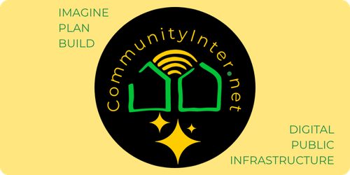 Yellow page with a black circular logo showing green houses and yellow stars, 'community.internet' around the circle; sides read 'Imagine Plan Build' and 'Digital Public Infrastructure'.