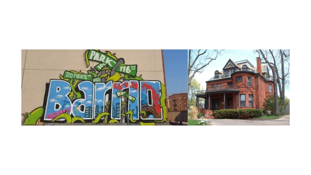Left: colorful graffiti mural on a beige wall; right: red brick Victorian house with rounded turret and balcony.