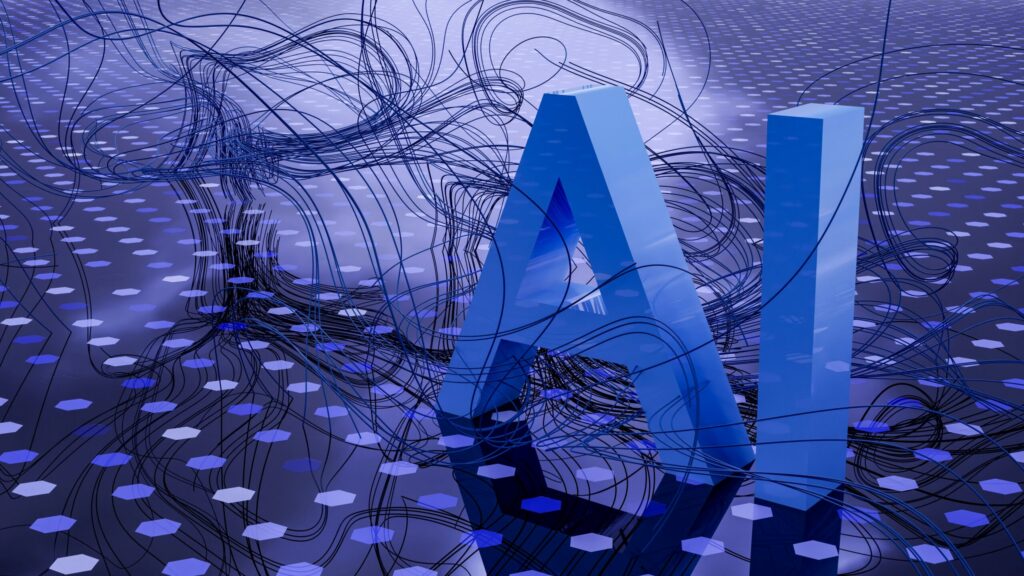 Abstract blue geometric forms with tangled wires and a field of small hexagons, suggesting a futuristic tech background.