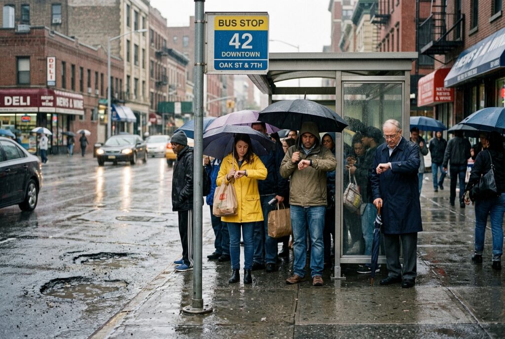 People sheltering from rain at a city bus stop under umbrellas, with a wet street and storefronts in the background.