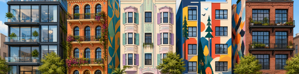 Row of colorful urban buildings with balconies, plants, and vibrant murals.