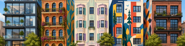 Row of colorful urban buildings with balconies, plants, and vibrant murals.