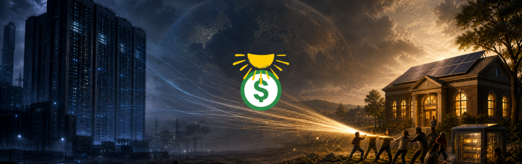 Team pulling a rope toward a glowing dollar sign under a sun, symbolizing global solar funding and energy collaboration.