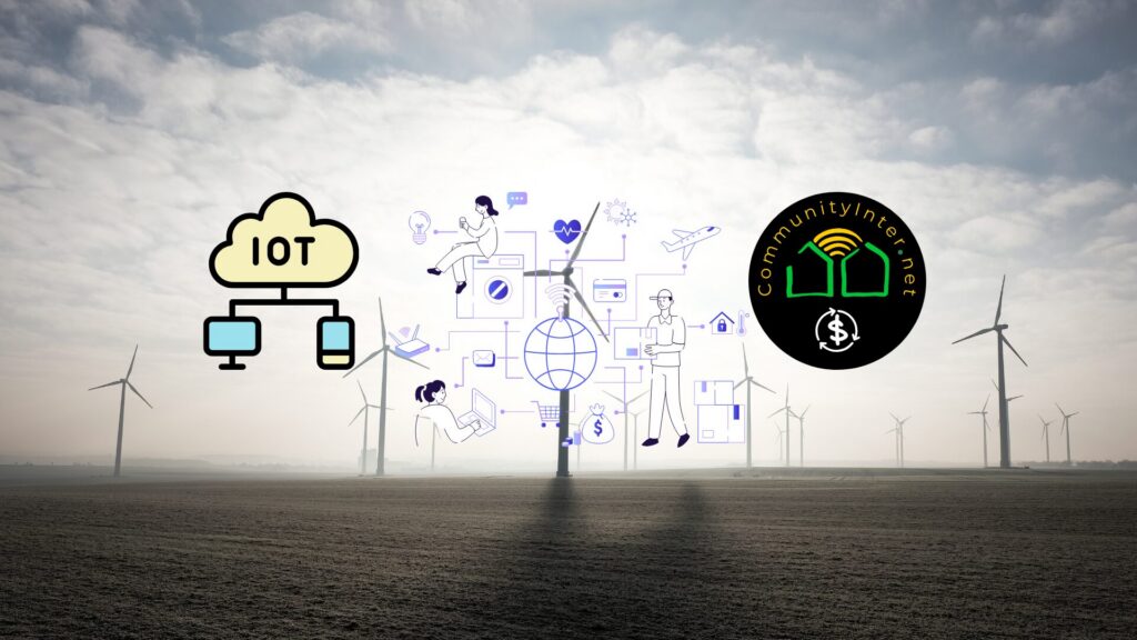 Wind farm scene with an IoT network illustration and a circular logo on the right side.