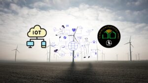Wind farm scene with an IoT network illustration and a circular logo on the right side.